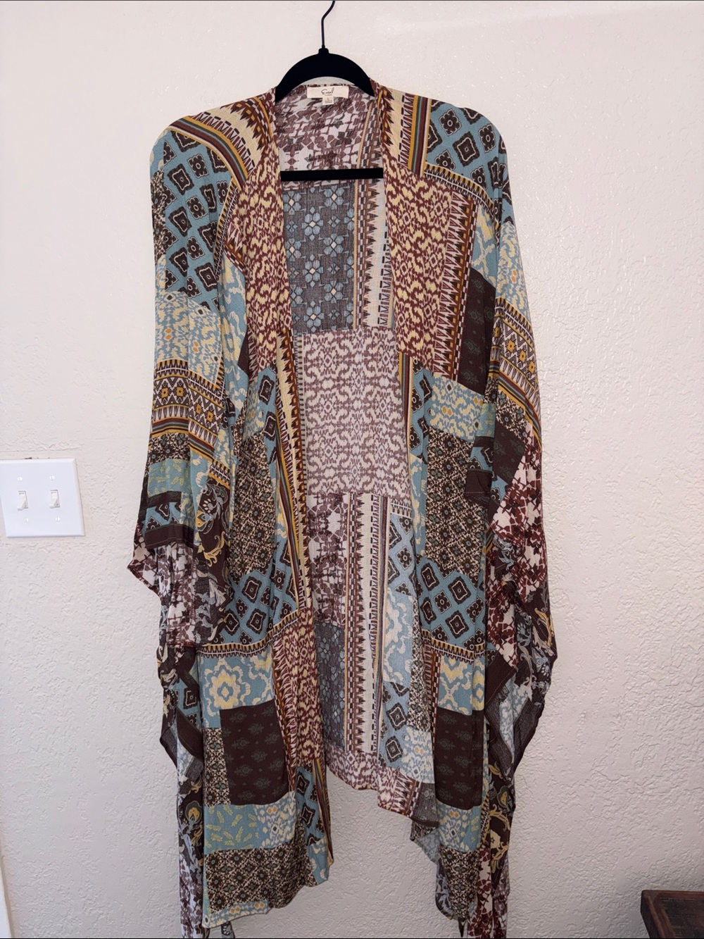 #E206- NWOT - Easel Los Angeles Boho Patchwork Kimono in Brown and Blue
